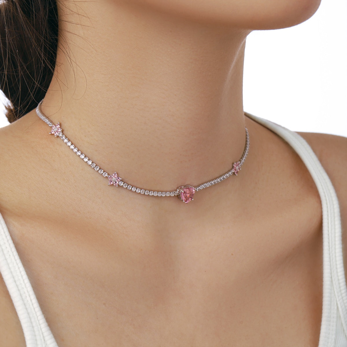 [GALE]Dazzling Pink Heart Flower Necklace