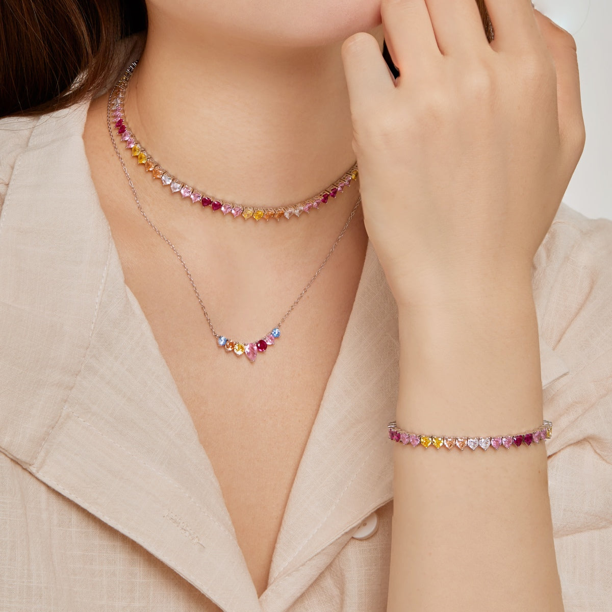 [GALE]Sparkling Colorful Full Heart Tennis Necklace