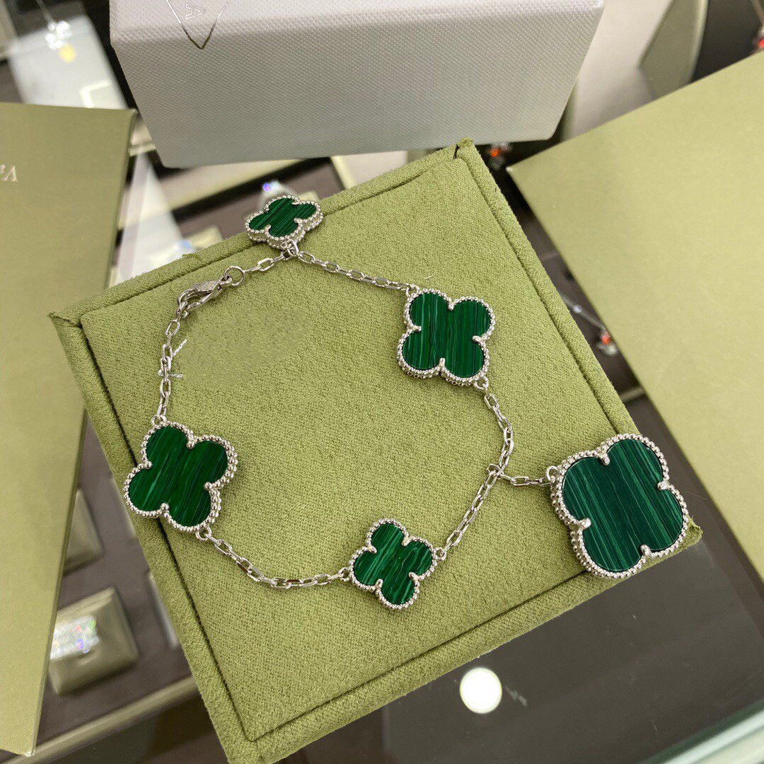 [GALE]CLOVER 5 MOTIFS SIVLER MALACHITE BRACELET