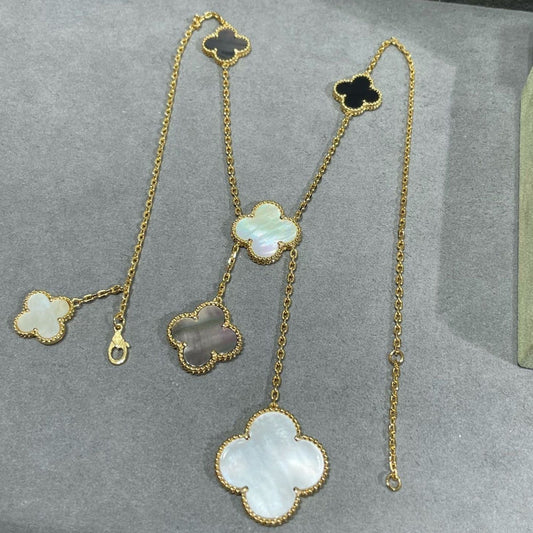 [GALE]CLOVER 6 MOTIF MOP ONYX GOLD NECKLACE