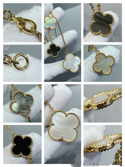 [GALE]CLOVER 6 MOTIF MOP ONYX GOLD NECKLACE