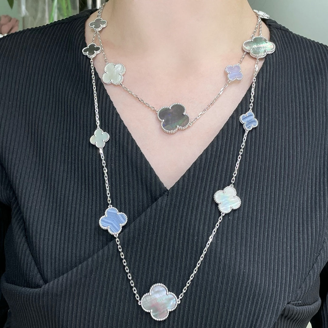 [GALE]CLOVER 16 MOTIF CHALCEDONY MOP SILVER NECKLACE