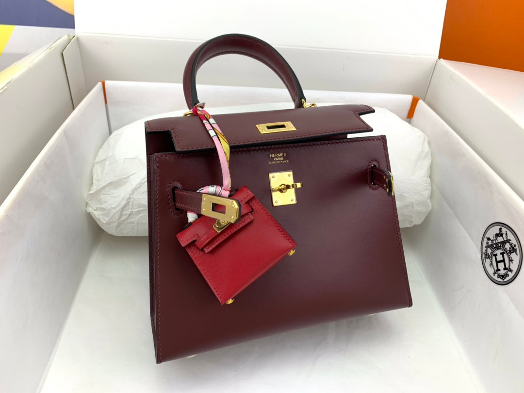 KELLY MINI 20 BAG IN WINE RED SMOOTH CALFSKIN WITH GOLD HARDWARE (MADE - TO - ODER)