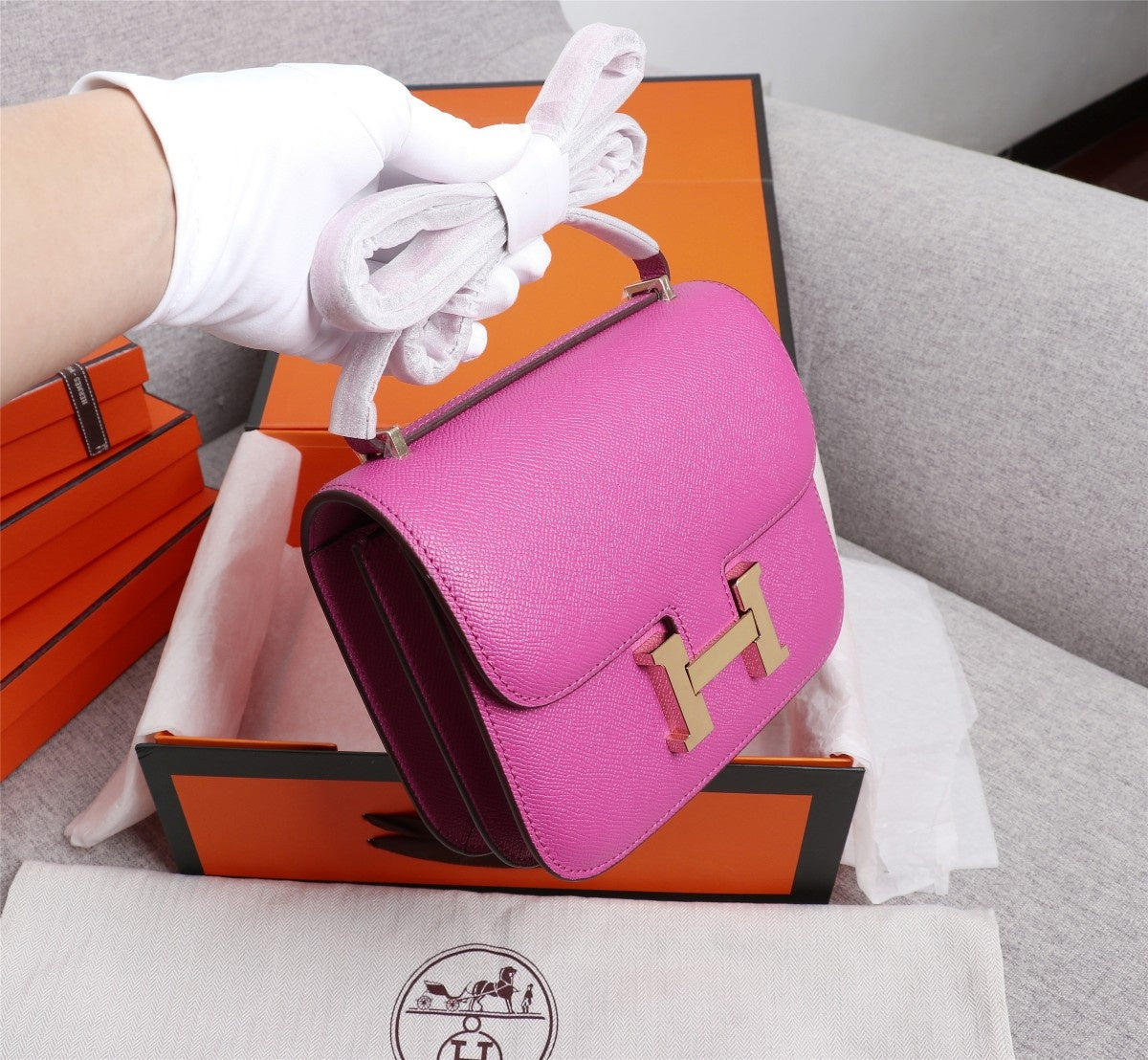 HM CONSTANCE BAG 19 PINK EPSOM GOLD HARDWARE