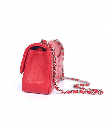 MINI RECTANGLE FLAP BAG 20CM RED LAMBSKIN SILVER HARDWARE