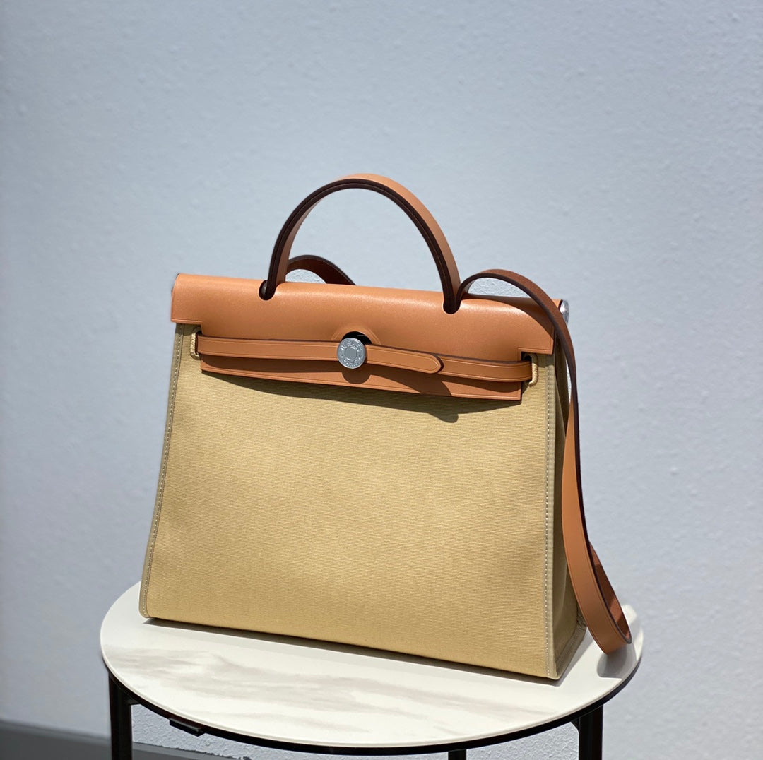 Herbag 31 Toile Beige Canvas Gold Cowhide Leather
