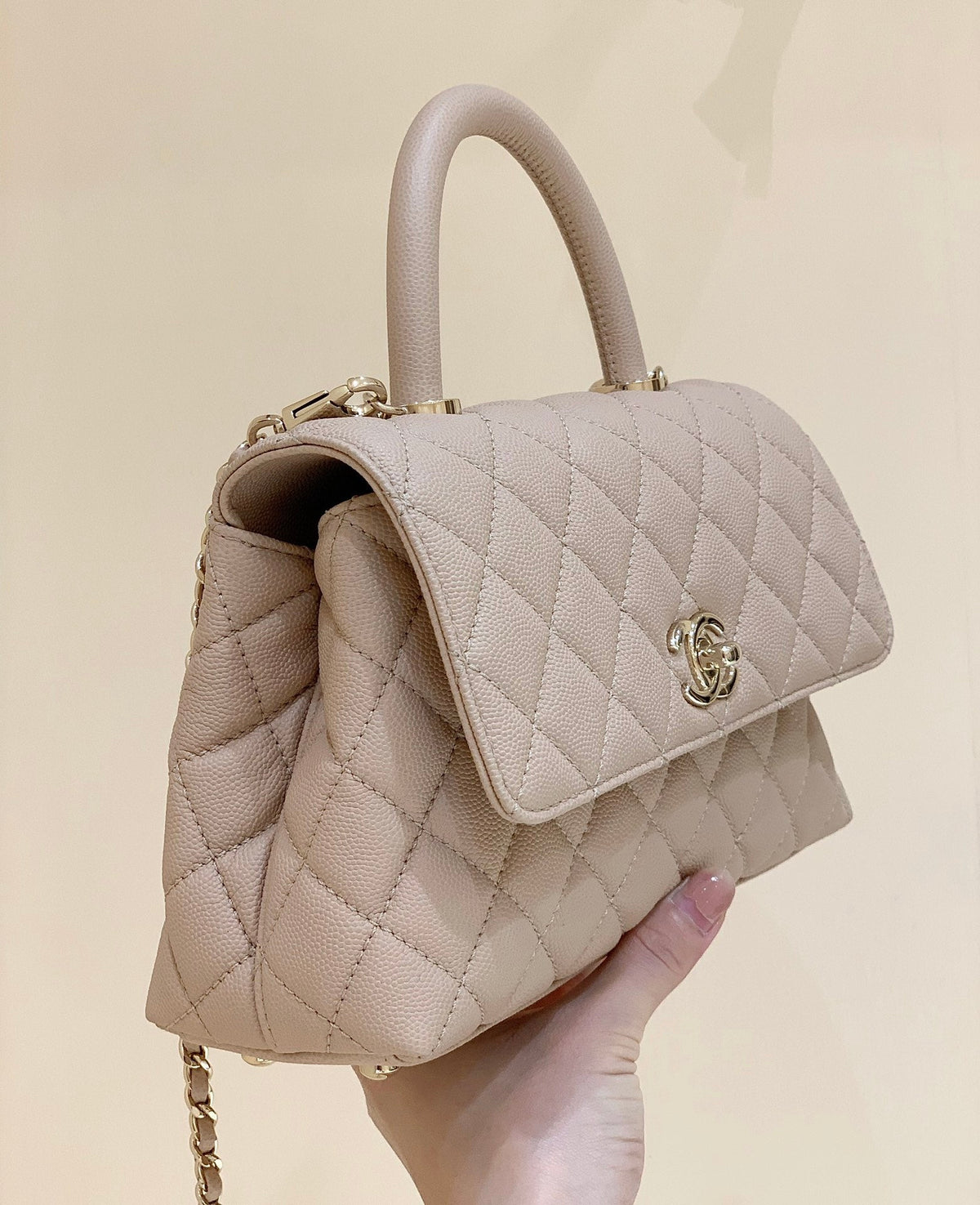CC Coco Hanle Small 23cm Light Beige Grained Calfskin Gold Hardware