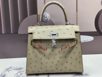 KELLY BAG 20 IN KHAKI TAN OSTRICH LEATHER WITH SILVER HARDWARE (MADE - TO - ODER)
