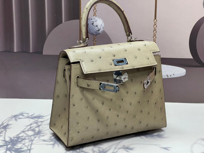 KELLY BAG 20 IN KHAKI TAN OSTRICH LEATHER WITH SILVER HARDWARE (MADE - TO - ODER)