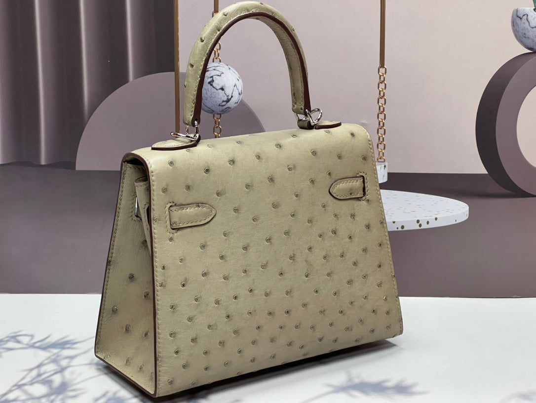 KELLY BAG 20 IN KHAKI TAN OSTRICH LEATHER WITH SILVER HARDWARE (MADE - TO - ODER)