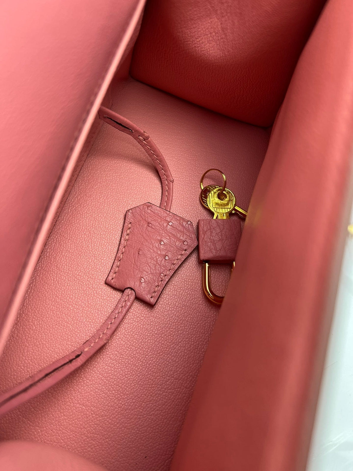 KELLY BAG 20 IN ROUGE PINK OSTRICH LEATHER WITH GOLD HARDWARE (MADE - TO - ODER)