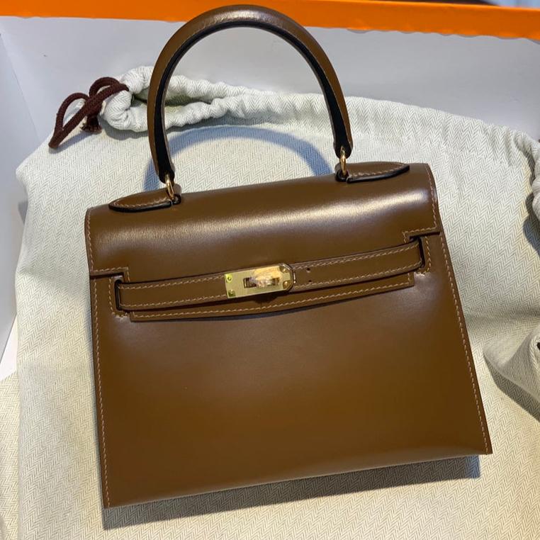 KELLY MINI 20 BAG IN CHOCOLATE BROWN SMOOTH CALFSKIN WITH GOLD HARDWARE (MADE - TO - ODER)
