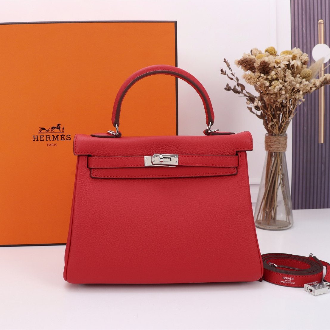 HM KELLY BAG 25 RED TOGO SILVER HARDWARE