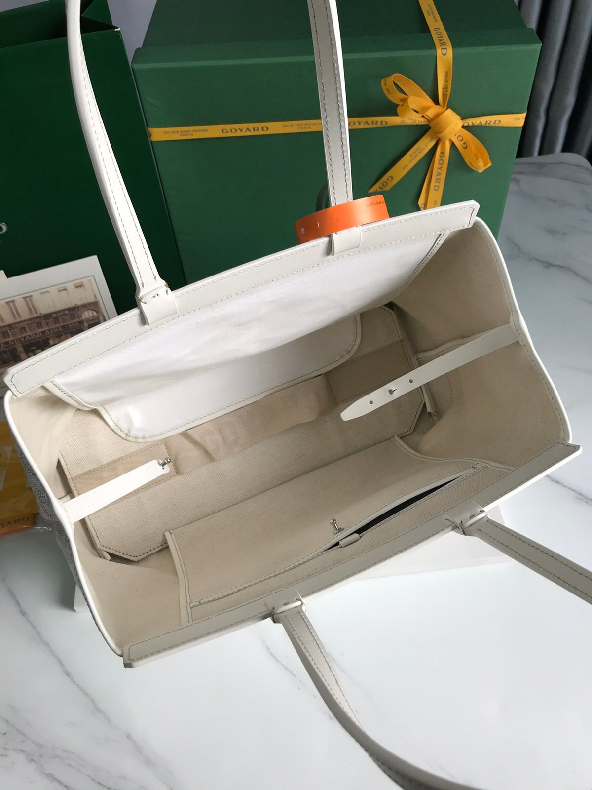BELLECHASSE BIAUDE PM BAG 36 IN WHITE GOYARDINE CANVAS AND CALFSKIN TRIM
