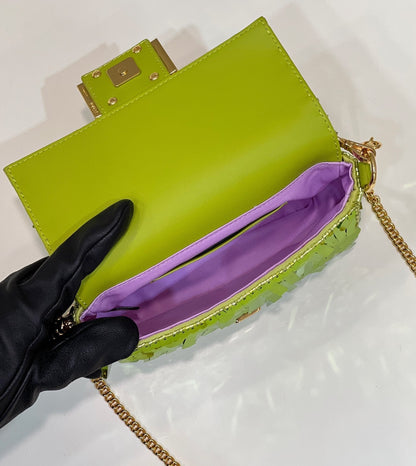 BAGUETTE MINI 19 IN LIMERICK GREEN SEQUINS GOLD HARDWARE