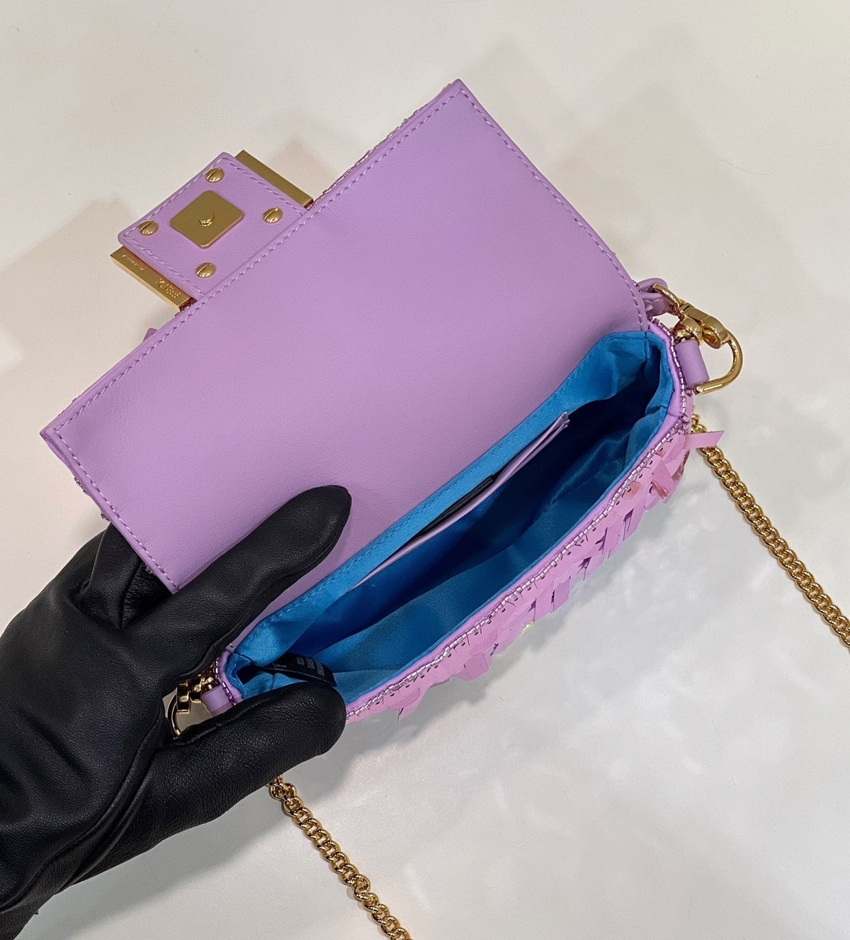 BAGUETTE MINI 19 IN PERIWINKLE PURPLE SEQUINS GOLD HARDWARE