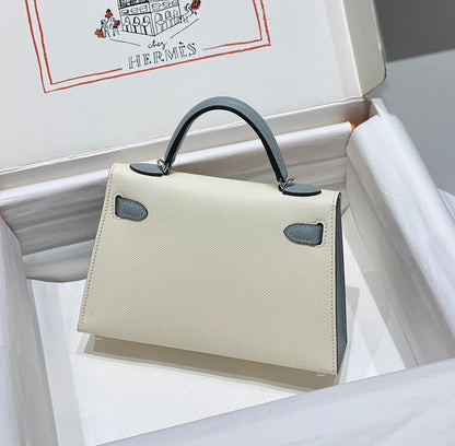 HM Mini Kelly 19cm Cream Cloud Blue Epsom Silver Hardware