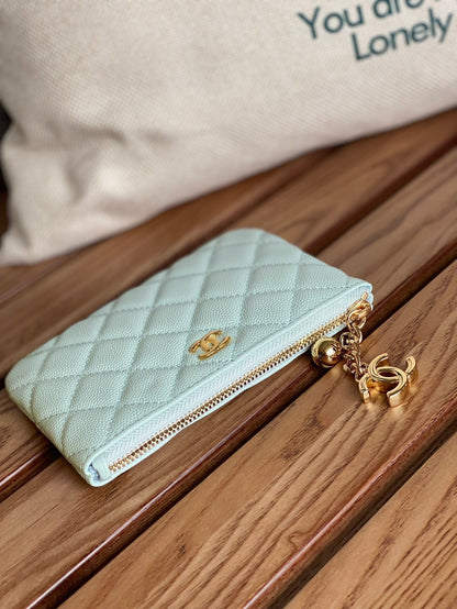 cc zipped wallet 14cm light cloud blue caviar gold hardware