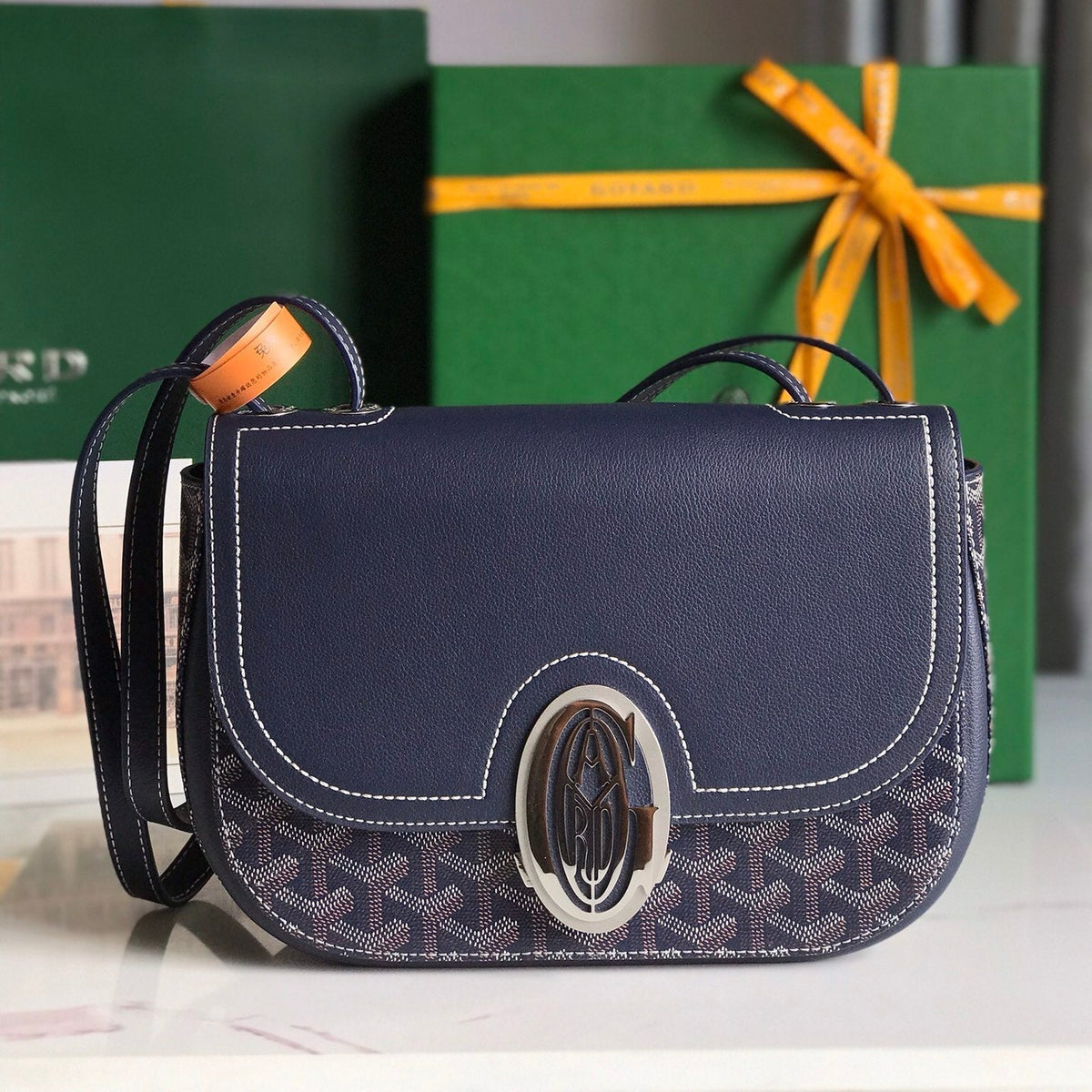 233 BAG 25 IN NAVY BLUE CALFKIN AND GOYARDINE CANVAS
