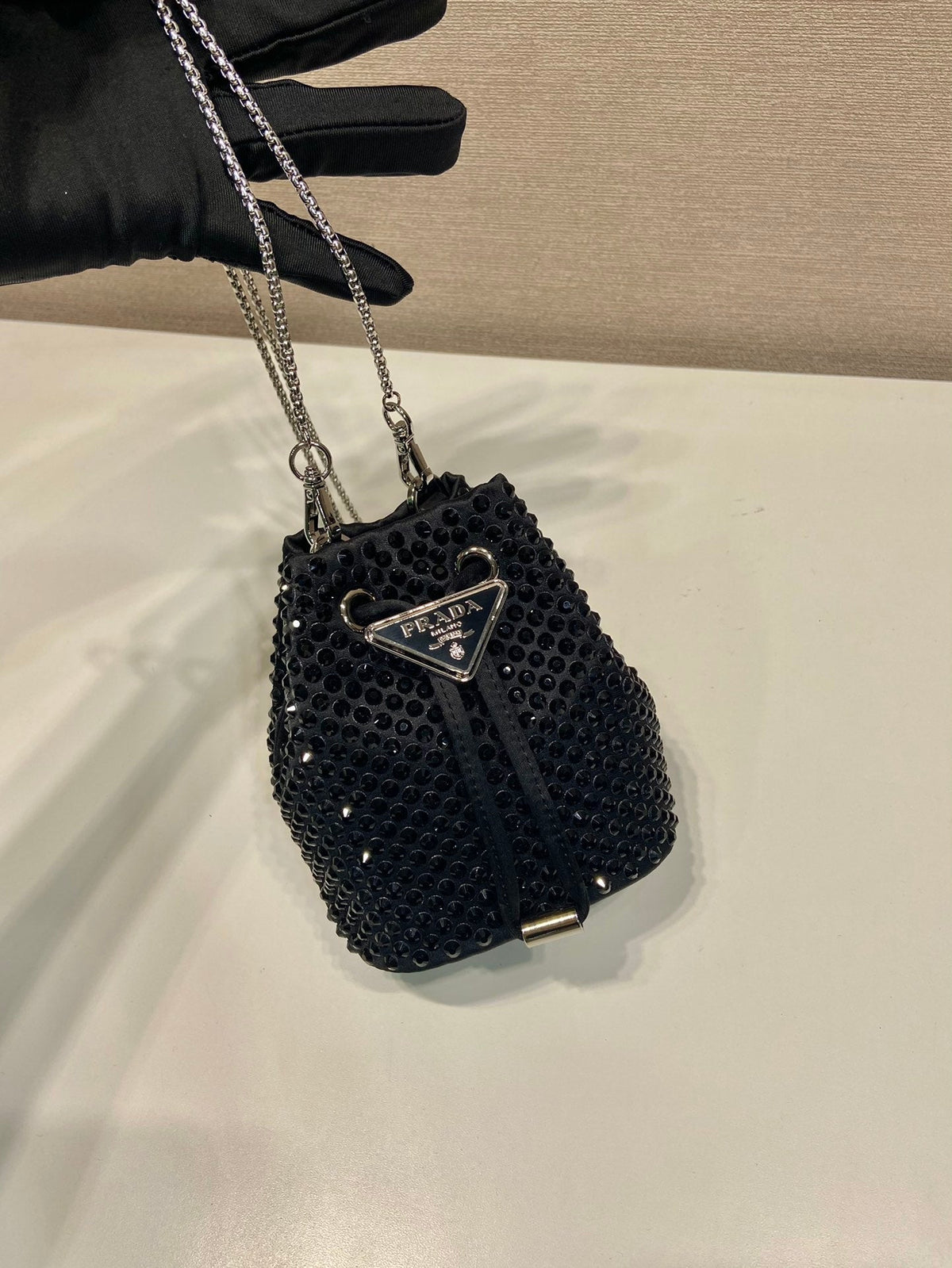 MINI BUCKET BAG 12 IN BLACK NYLON FABRIC EMBELLISHED FULL CRYSTALS