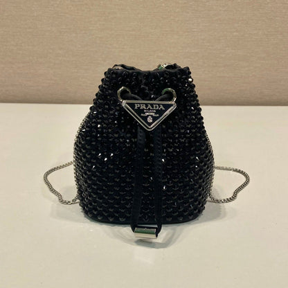 MINI BUCKET BAG 12 IN BLACK NYLON FABRIC EMBELLISHED FULL CRYSTALS