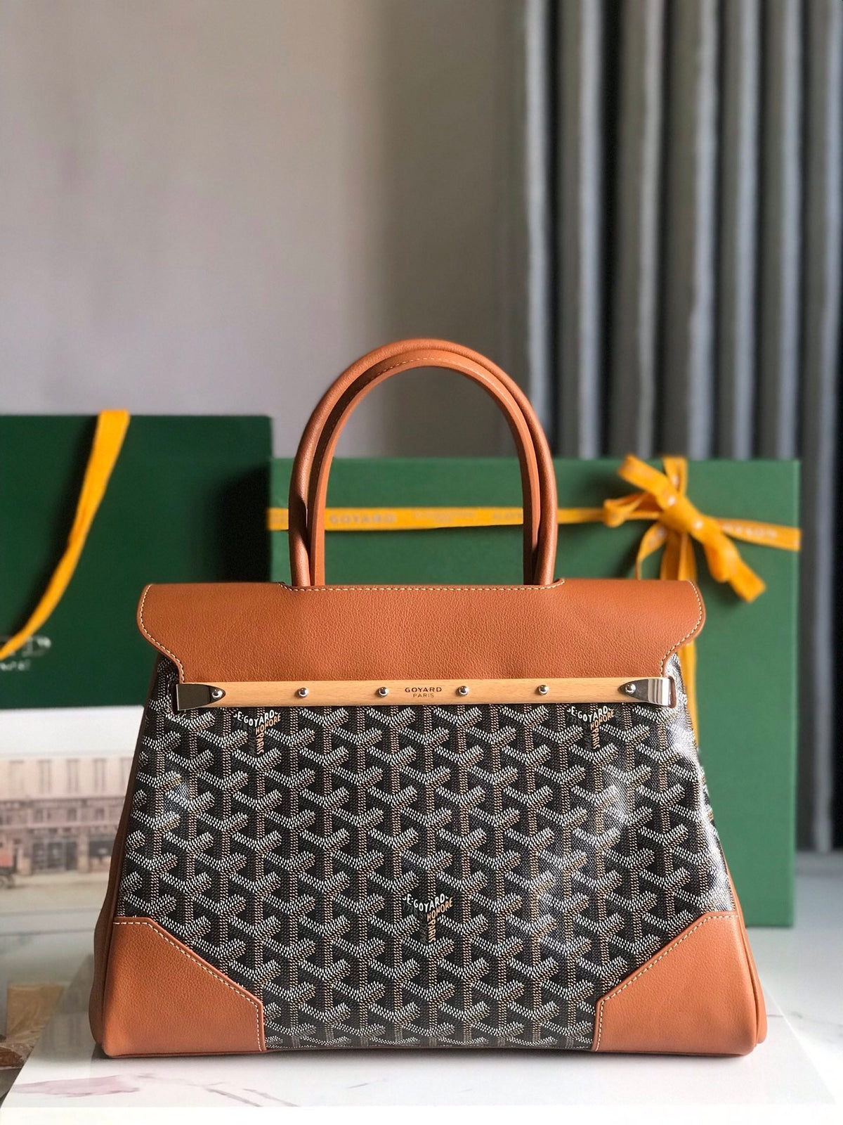 SAIGON SOUPLE BAG 34 IN BROWN GOYARDINE CANVAS AND CALFSKIN