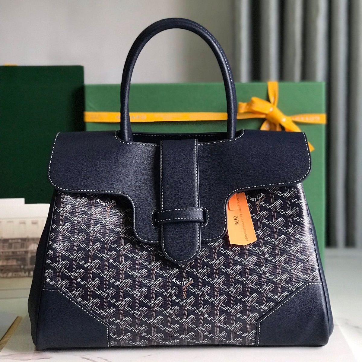 SAIGON SOUPLE BAG 34 IN NAVY BLUE GOYARDINE CANVAS AND CALFSKIN
