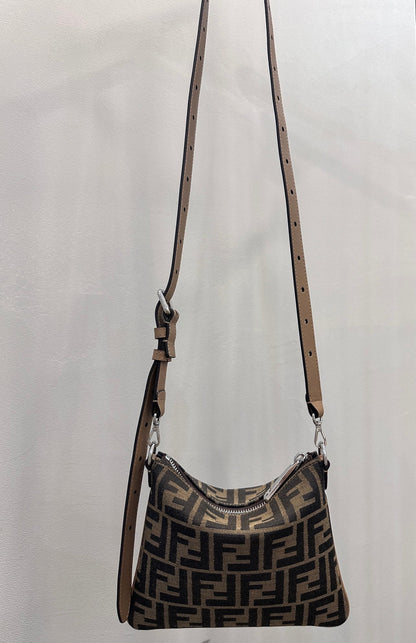 SHOULDER BAG 19 WITH FF MOTIF IN BROWN JACQUARD FABRIC