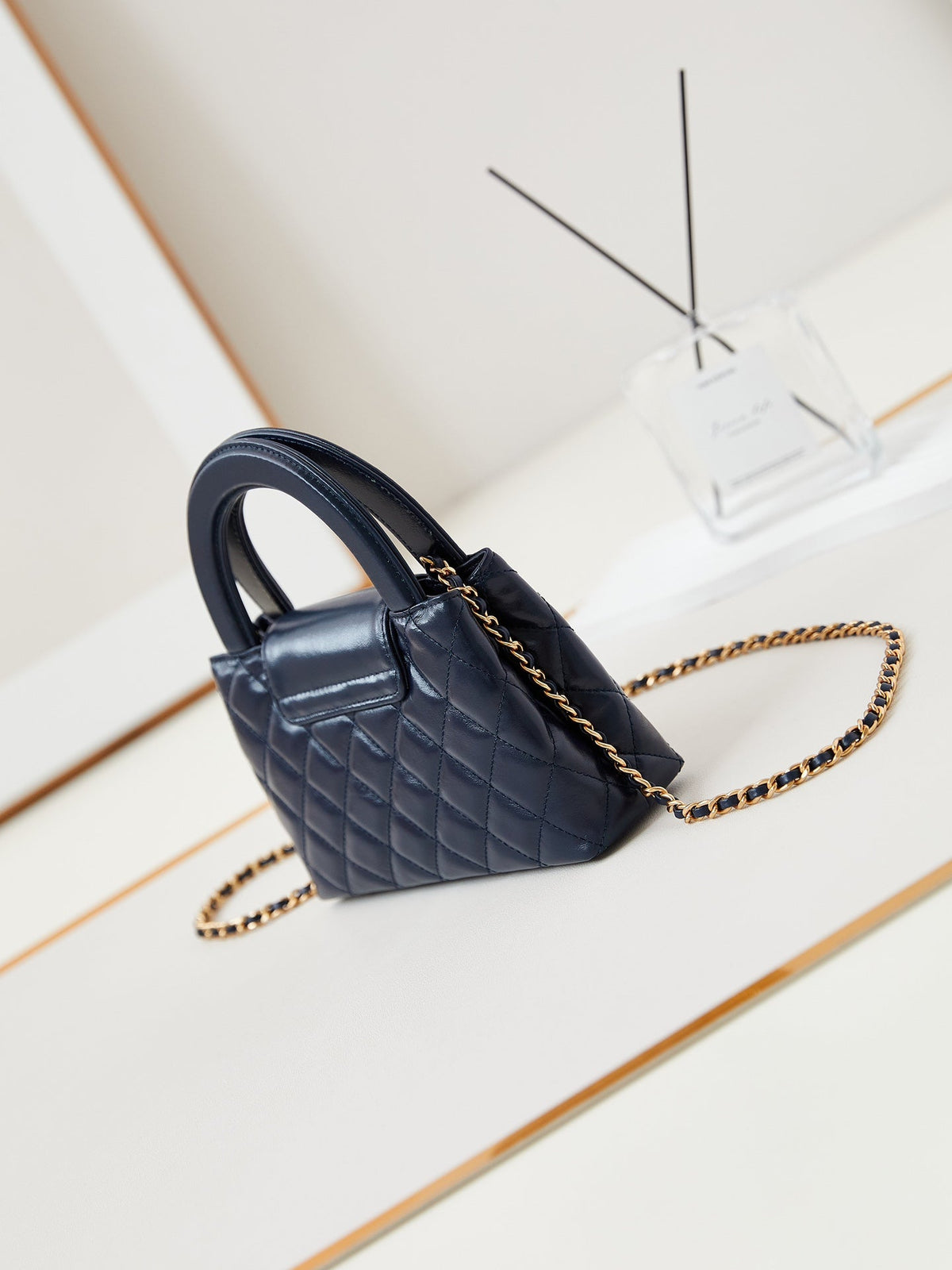cc 24a nano 19cm kelly shopper bag navy blue lambskin
