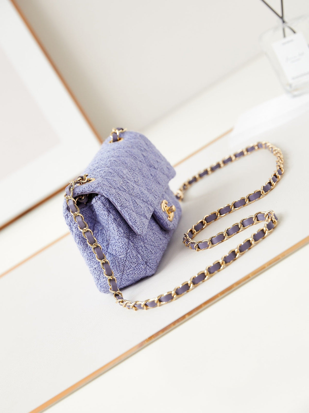 24p small flap bag 20cm purple blue tweed gold hardware