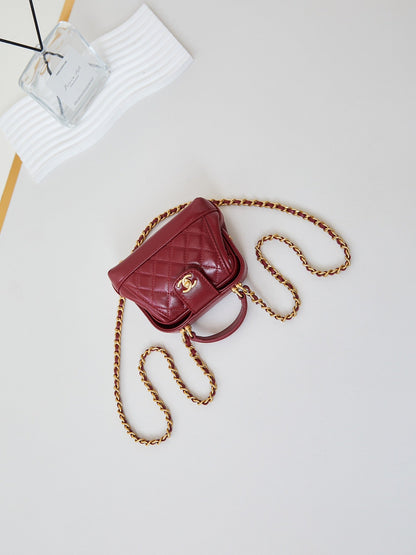 CC 24A Mini Top Handle 13cm Red Wax Leather Gold Hardware 238461