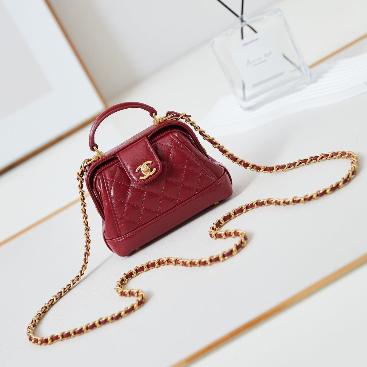 CC 24A Mini Top Handle 13cm Red Wax Leather Gold Hardware 238461
