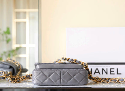 cc 24a flap bag 20cm top handle grey lambskin gold hardware