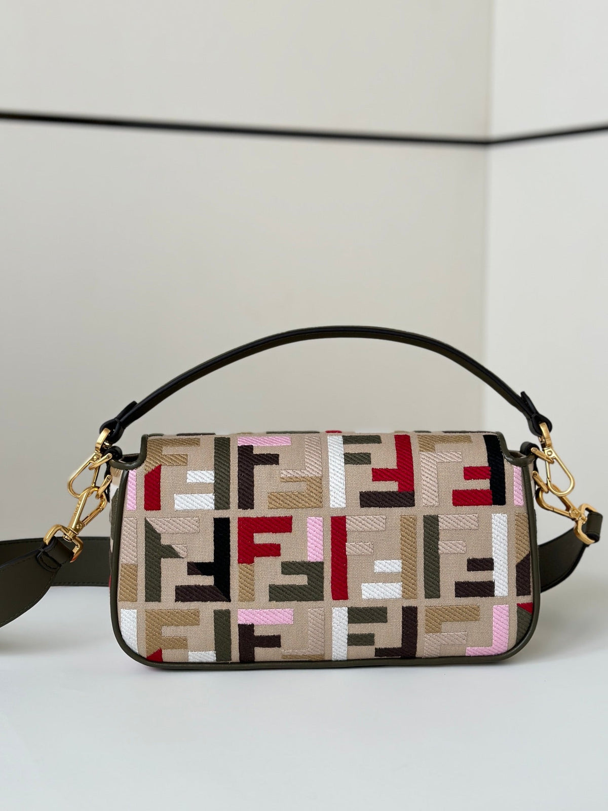 BAGUETTE CANVAS 27 BAG WITH MULTICOLOUR FF EMBROIDERY GOLD HARDWARE