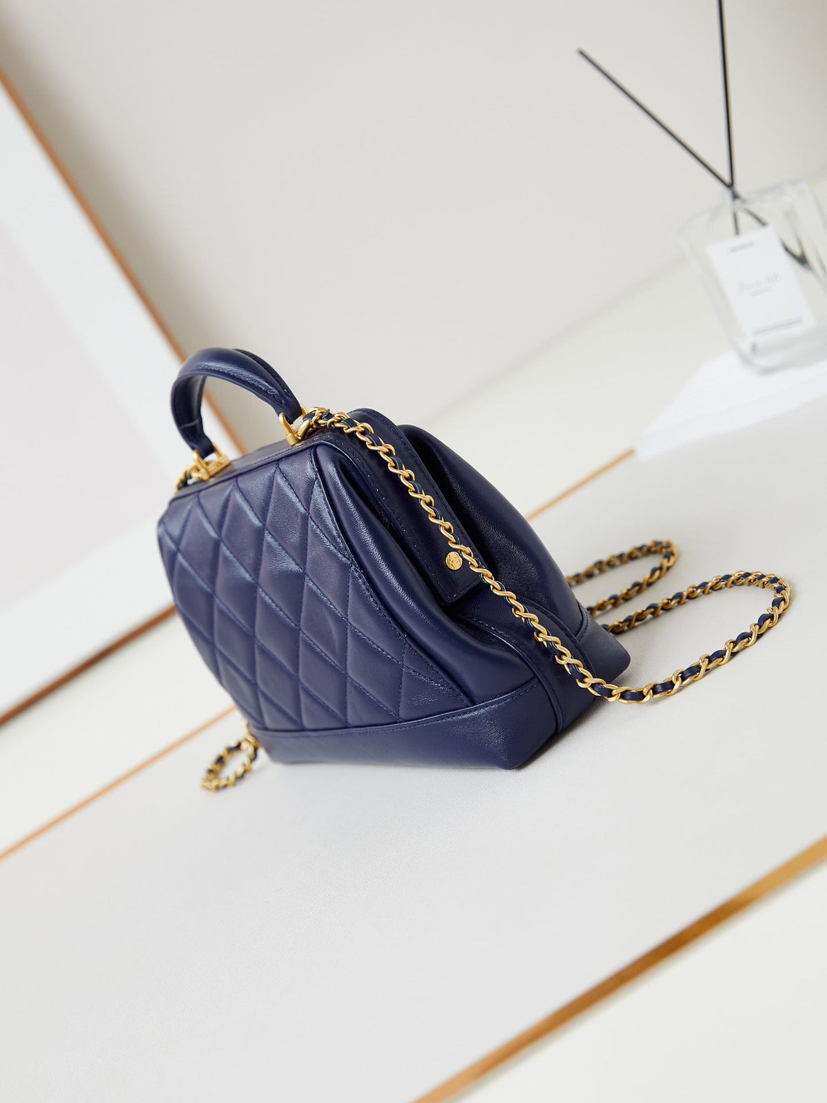 CC 24A Top Handle 23.5cm Night Blue Wax Leather Gold Hardware 238473