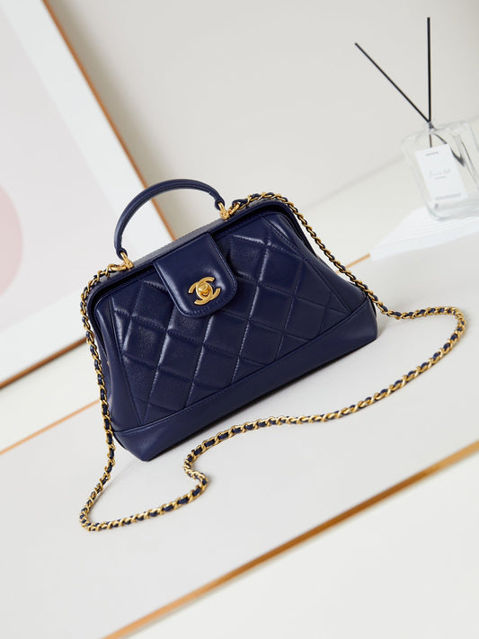 CC 24A Top Handle 23.5cm Night Blue Wax Leather Gold Hardware 238473