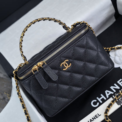 CC 24A Vanity Top Handle 16cm Black Grained Calfskin Gold Hardware