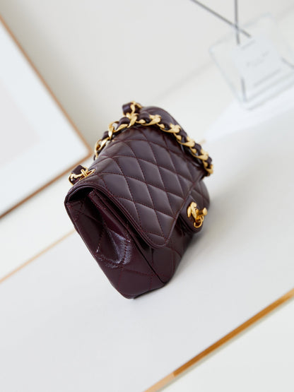 CC 24B Mini Flap Bag 20cm Burgundy Lambskin Gold Hardware