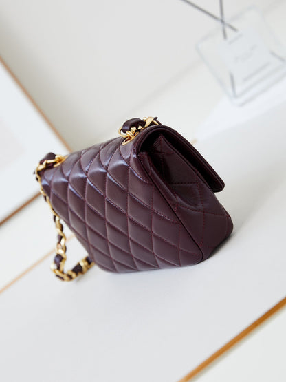 CC 24B Mini Flap Bag 20cm Burgundy Lambskin Gold Hardware