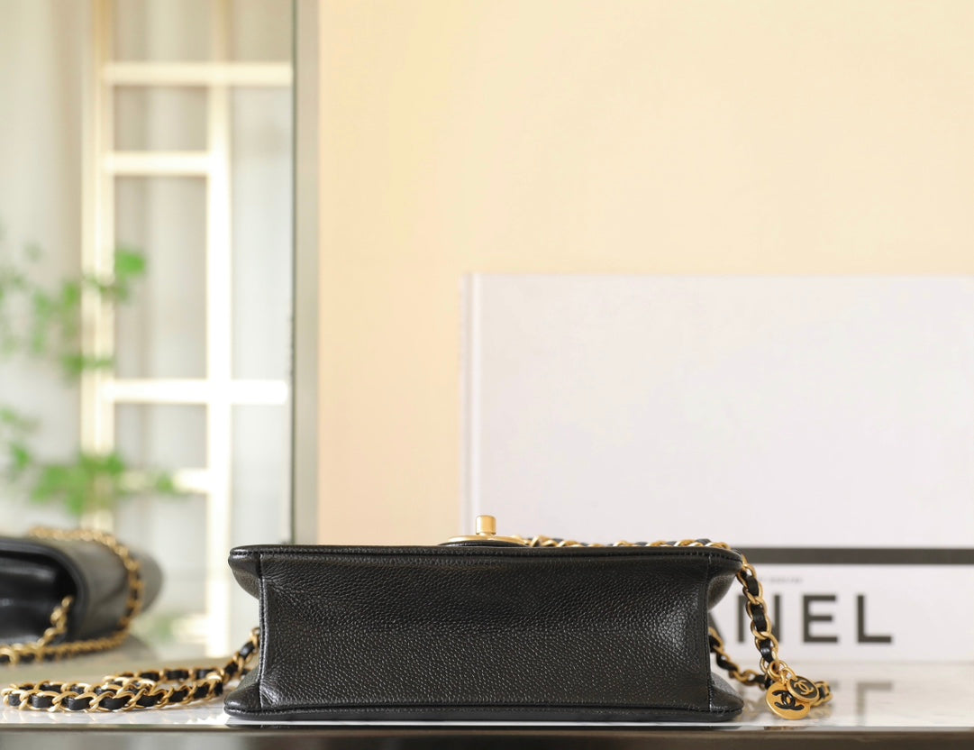 CC 24K Flap Bag 23cm Black Grained Calfskin Gold Hardware