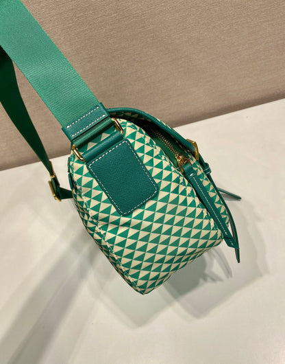 MESSENGER BAG 25 IN FOREST GREEN MIX CREAM TRIANGLE PATTERN EMBROIDERED FABRIC
