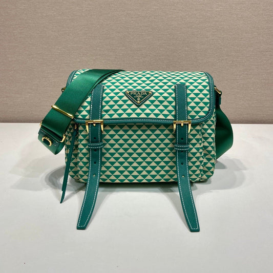 MESSENGER BAG 25 IN FOREST GREEN MIX CREAM TRIANGLE PATTERN EMBROIDERED FABRIC