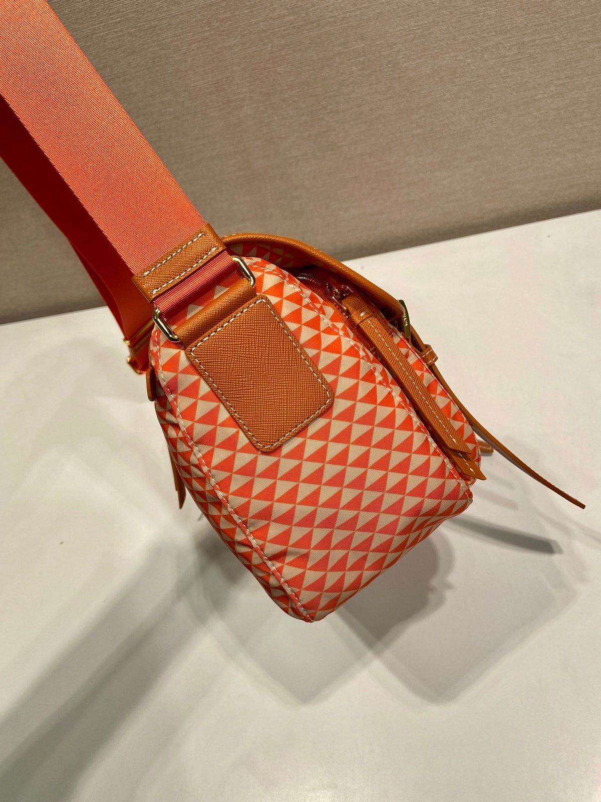 MESSENGER BAG 25 IN ORANGE MIX CREAM TRIANGLE PATTERN EMBROIDERED FABRIC