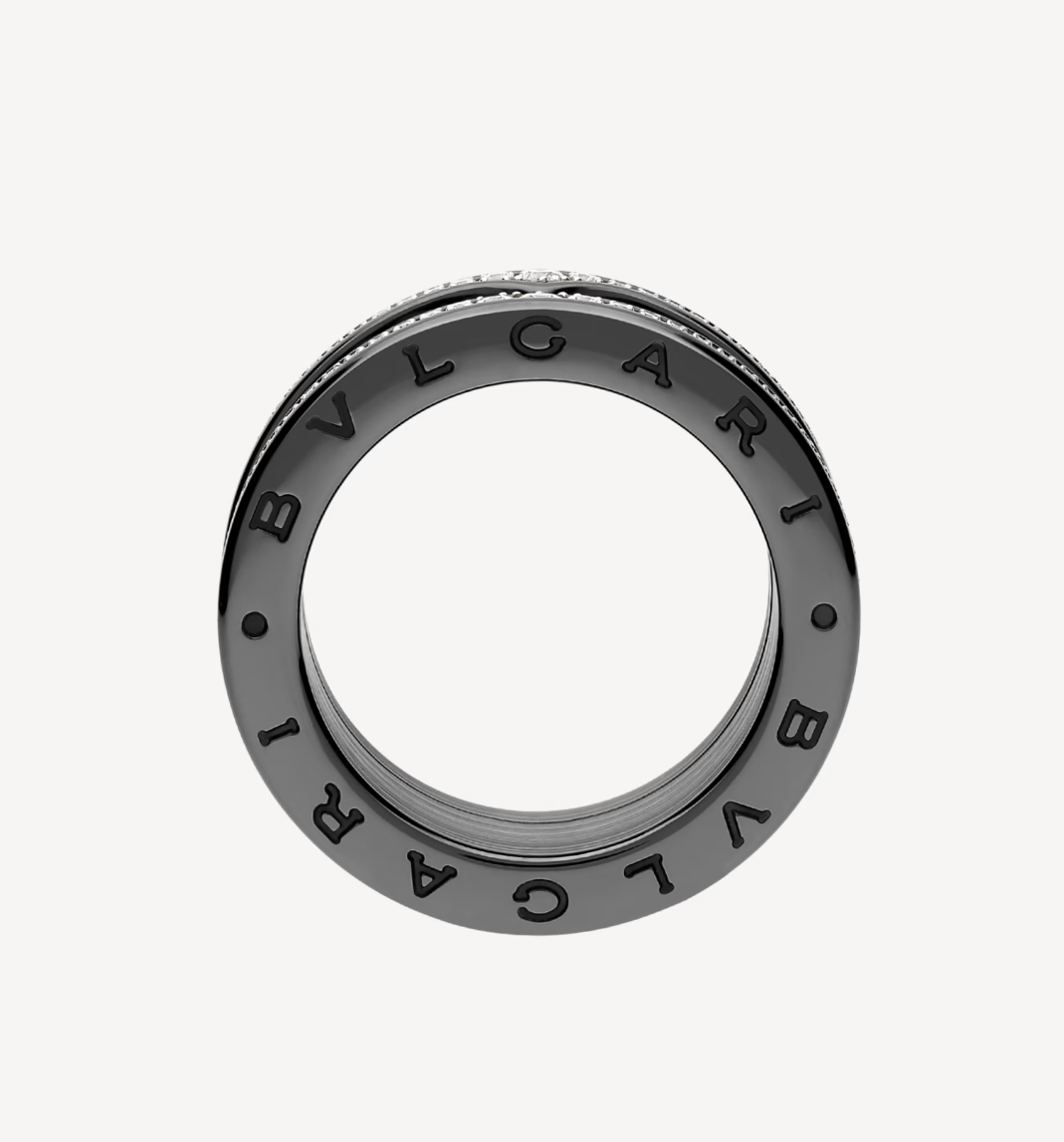 [GALE]ZERO 1 ROCK FOUR-BAND BLACK CERAMIC WITH STUDDED SPIRAL AND PAVED DIAMONDS RING