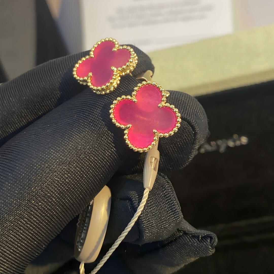 [GALE]NEW CLOVER 15MM PINK ENAMEL STUD EARRINGS