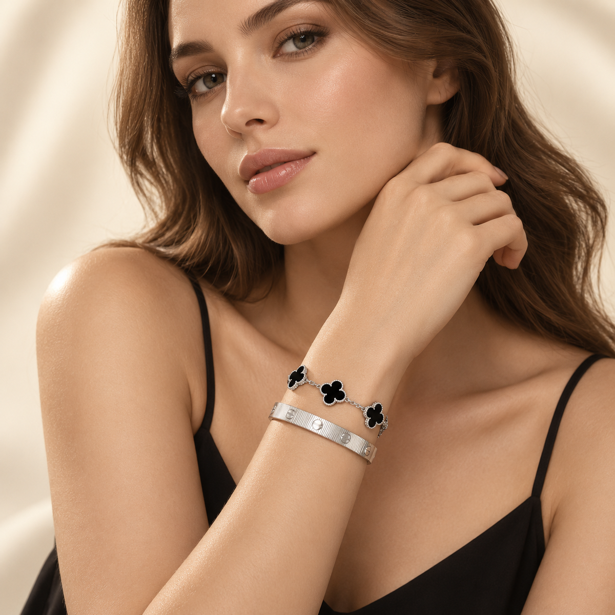 [GALE]Clover & Love Sliver 2-Piece Bracelet Stack Set