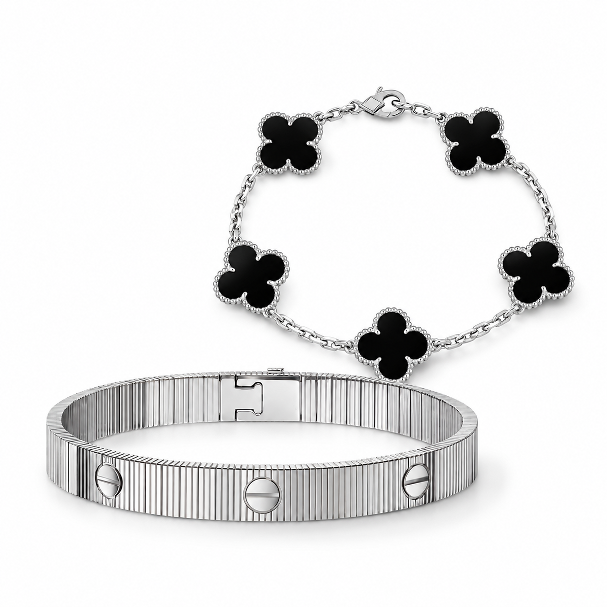 [GALE]Clover & Love Sliver 2-Piece Bracelet Stack Set