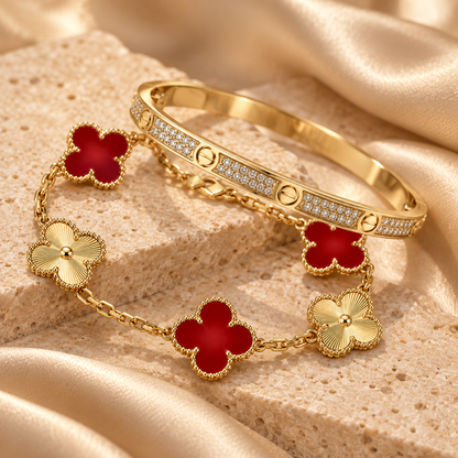 [GALE]Clover & Love Diamond-Paved Radiant Line 2-Piece Bracelet Stack Set