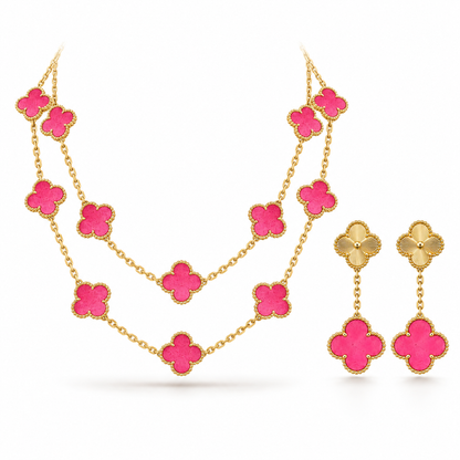 [GALE]Clover Pink Enamel Necklace & Earring Jewelry Set