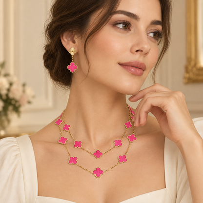 [GALE]Clover Pink Enamel Necklace & Earring Jewelry Set